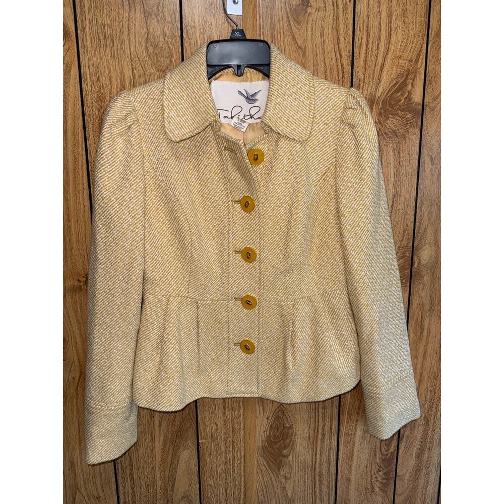 Tabitha Anthropologie tweed, gold and beige button up jacket 5 button up